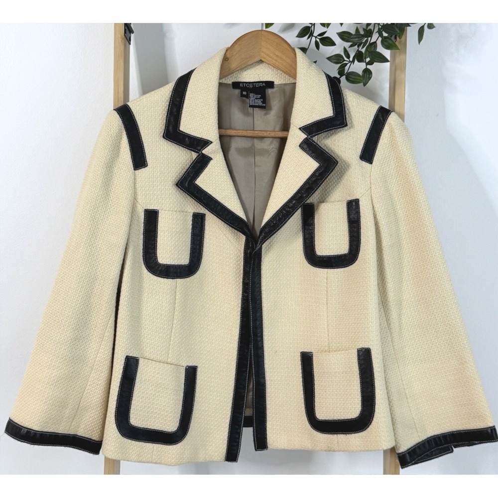 Vintage‎ Etcetera Pinstripe Cropped Blazer Cotton Blend  Leather Trim  Size 10